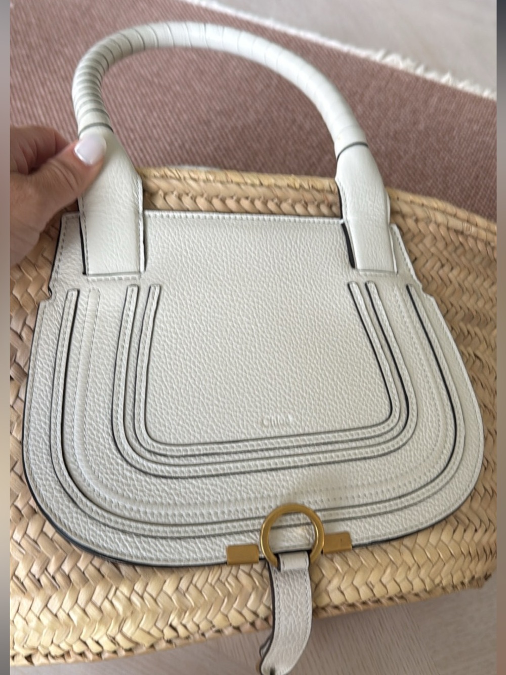 Chloe Marcie Leather and Woven Straw Bag